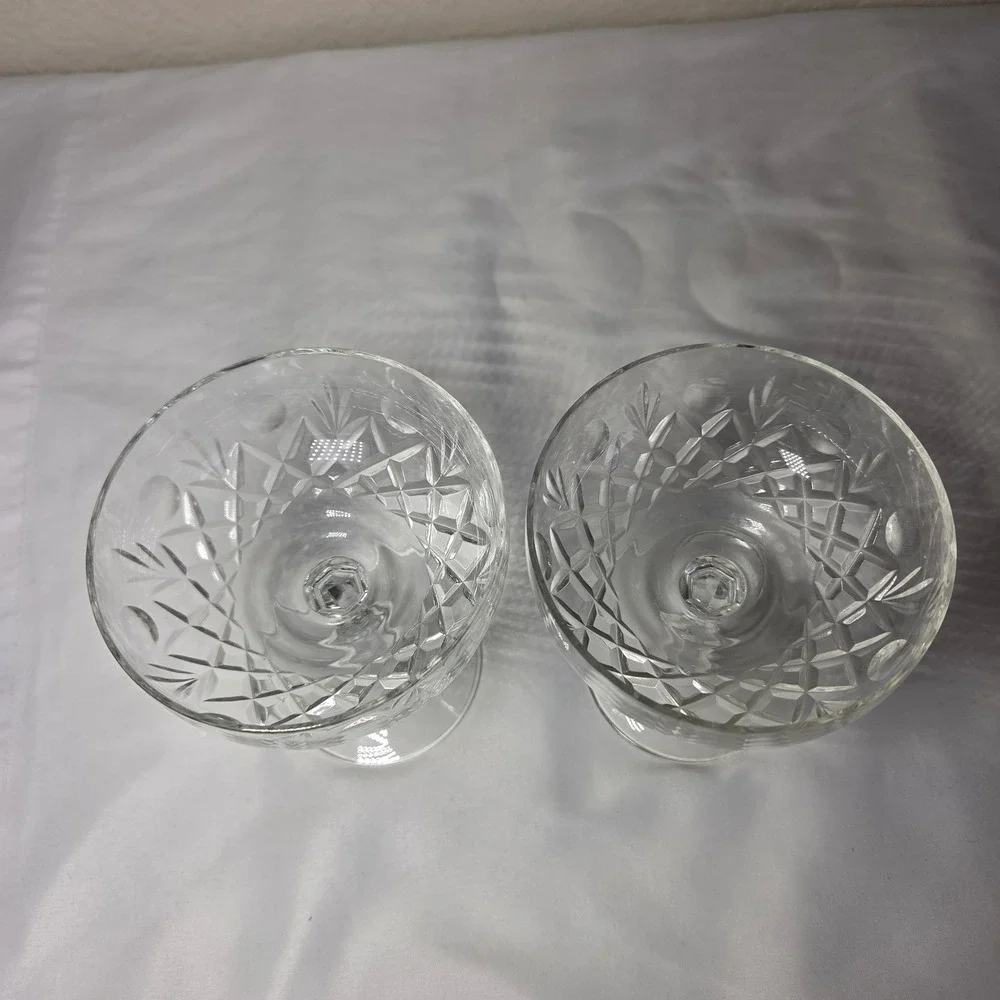 Vintage Cut Crystal Champagne Coupe Glasses Set/2 Starburst Cross Hatch Stemmed